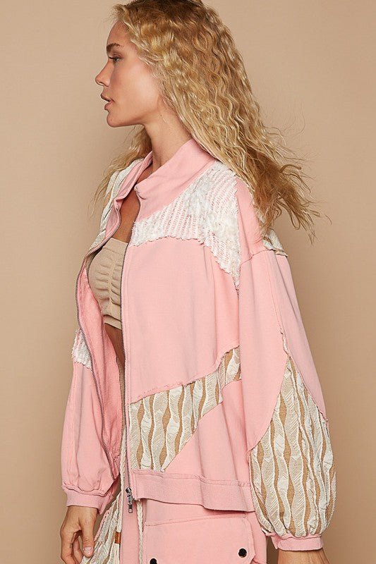 POL - Pink Patchwork Lace Zip Up Jacket