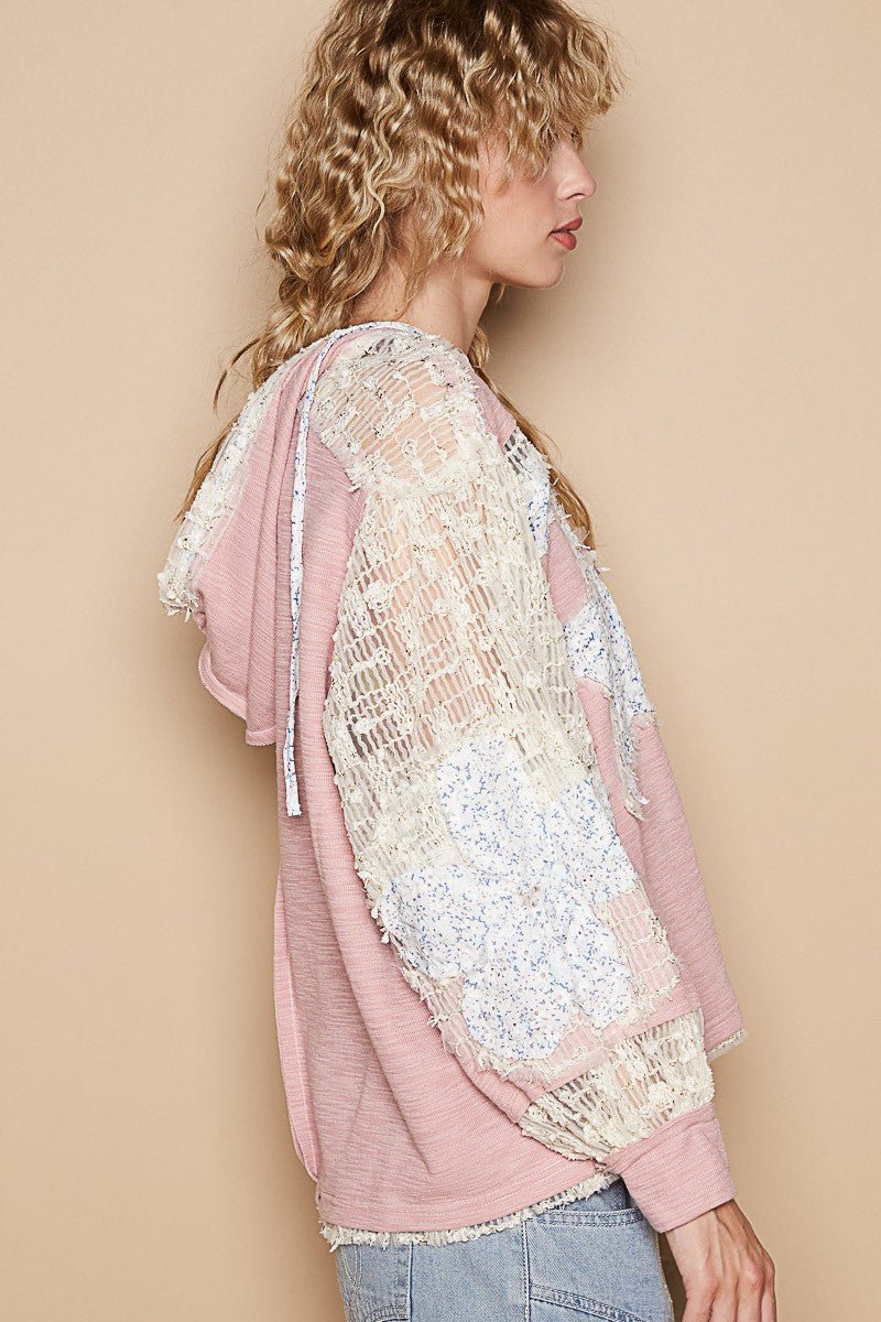 POL - Pink Star Patch Lace Sleeve Hooded Top