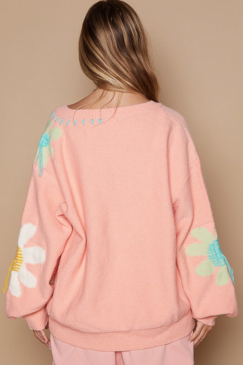 POL - Pink V - Neck Flower Fringe Sweater