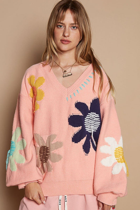 POL - Pink V - Neck Flower Fringe Sweater