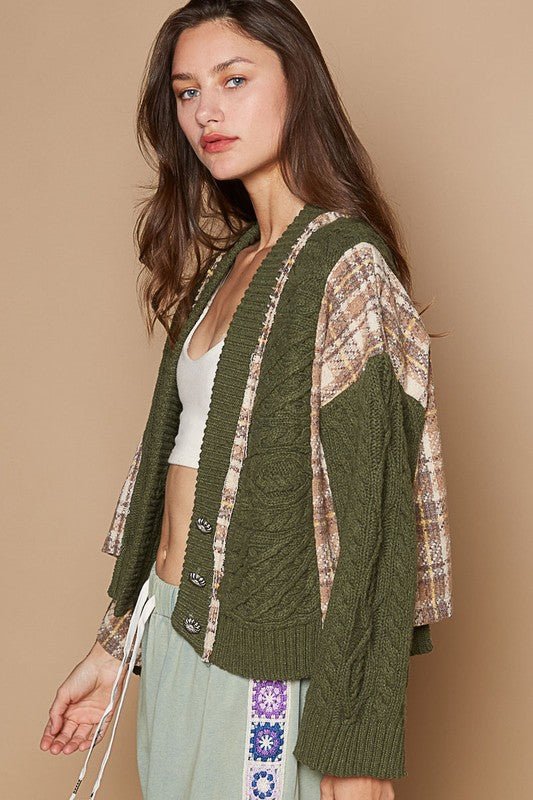 POL - Plaid Cable - Knit Button Up Cardigan in Moss