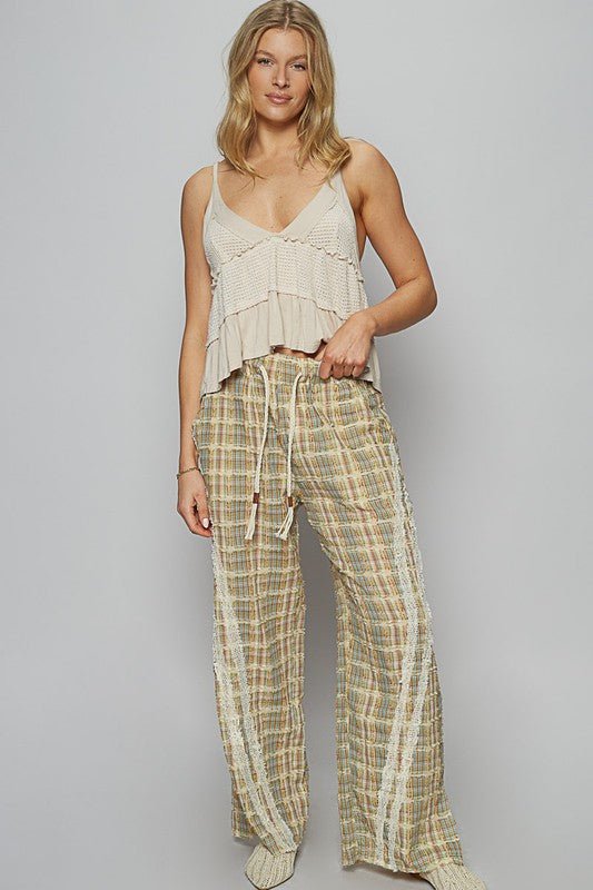 POL - Plaid Lace Trim Wide Leg Pants in Sage