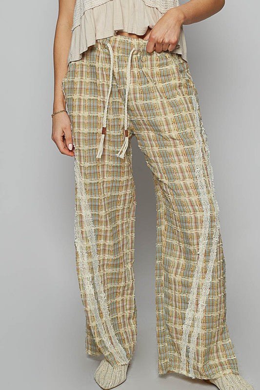 POL - Plaid Lace Trim Wide Leg Pants in Sage