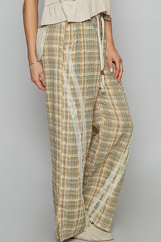 POL - Plaid Lace Trim Wide Leg Pants in Sage