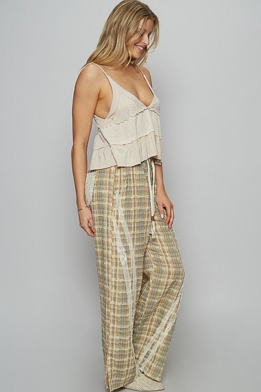 POL - Plaid Lace Trim Wide Leg Pants in Sage