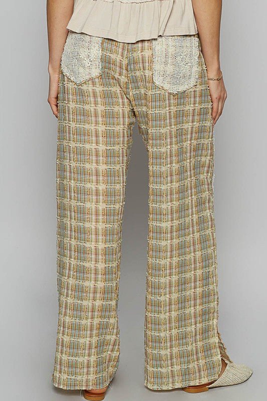 POL - Plaid Lace Trim Wide Leg Pants in Sage