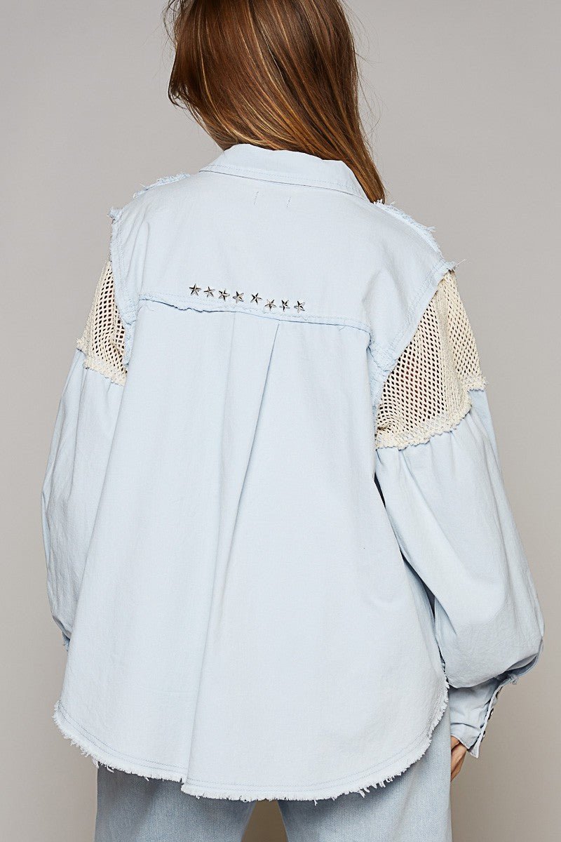 POL - Powder Blue Crochet Button Down Star Studded Shirt