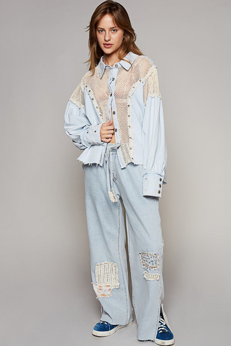 POL - Powder Blue Crochet Button Down Star Studded Shirt