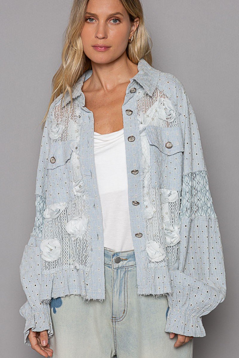 POL - Powder Blue Flower & Pearl Detail Lace Shirt