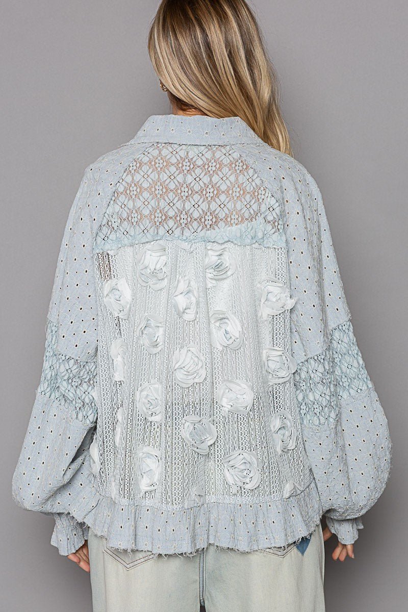 POL - Powder Blue Flower & Pearl Detail Lace Shirt