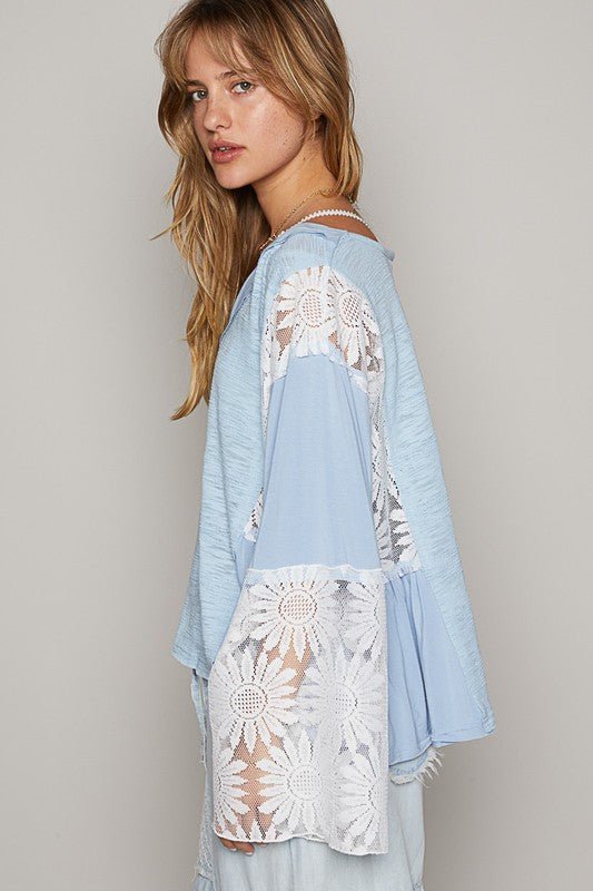 POL - Powder Blue Lace Detail V - Neck Flare Sleeve Blouse