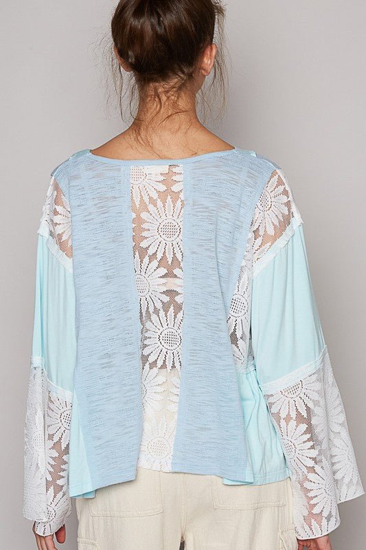 POL - Powder Blue Lace Detail V - Neck Flare Sleeve Blouse