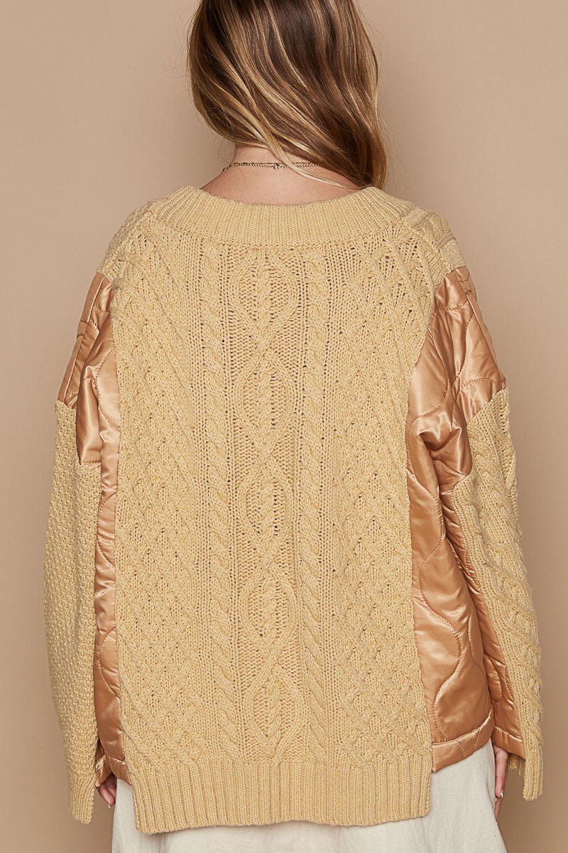 POL - Quilted Button Up Cable Knit Jacket in Camel