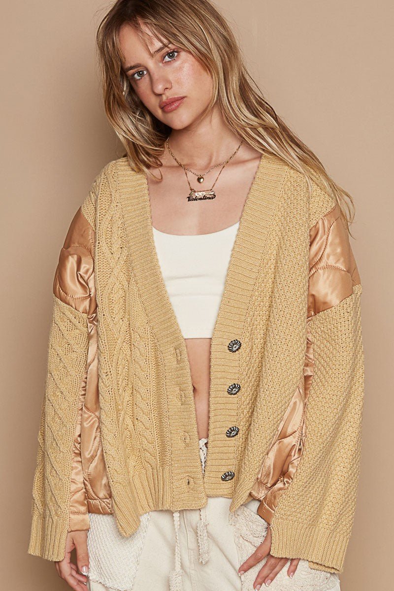 POL - Quilted Button Up Cable Knit Jacket in Camel