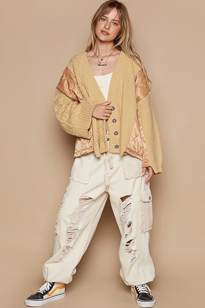 POL - Quilted Button Up Cable Knit Jacket in Camel