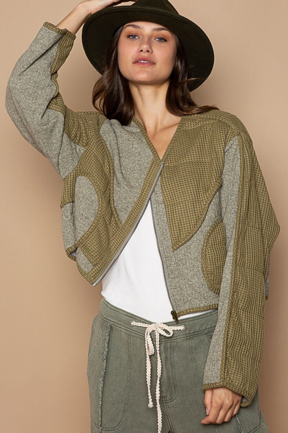 POL - Quilted Detail Knit Patch Jacket in Olive