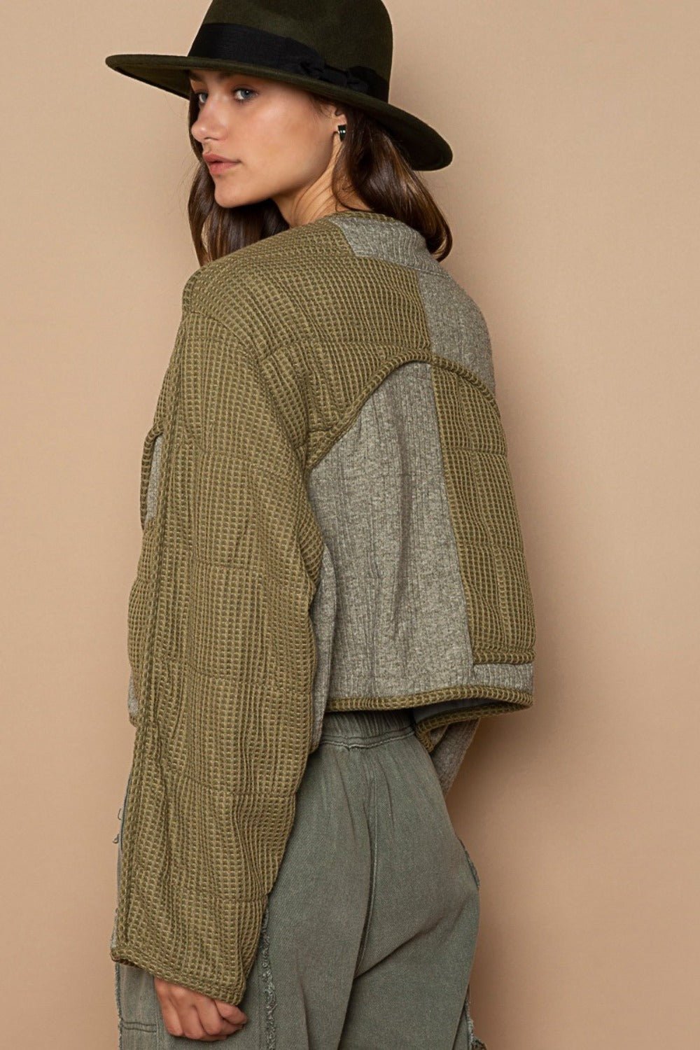 POL - Quilted Detail Knit Patch Jacket in Olive