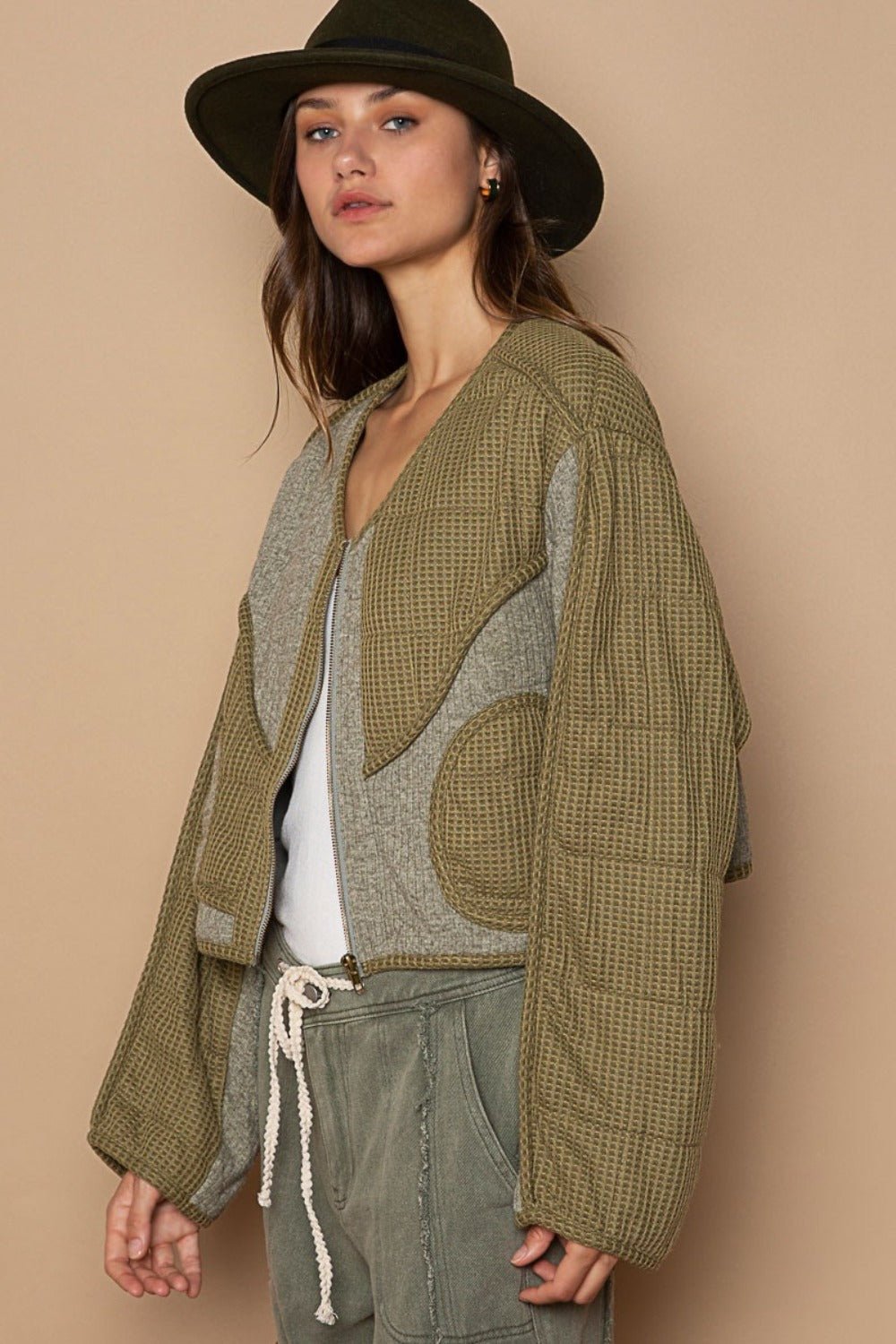 POL - Quilted Detail Knit Patch Jacket in Olive