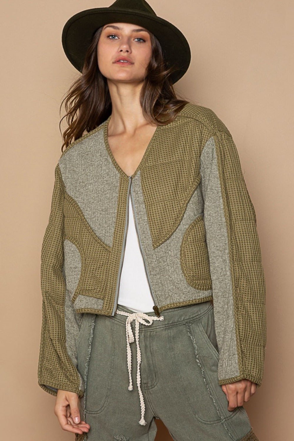 POL - Quilted Detail Knit Patch Jacket in Olive