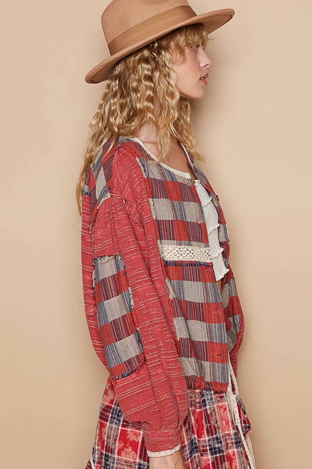 POL - Red Long Sleeve Plaid Shirt