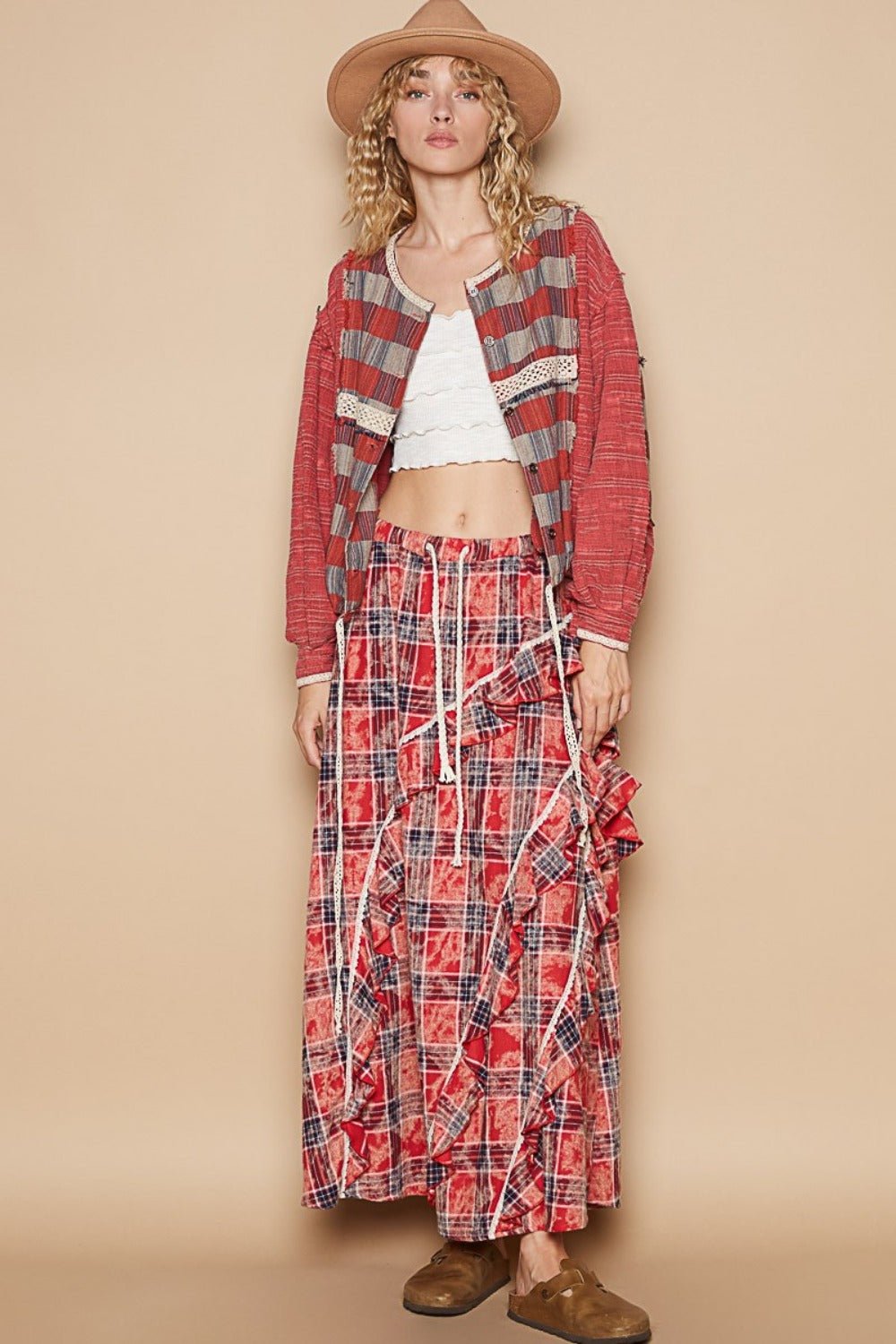 POL - Red Long Sleeve Plaid Shirt