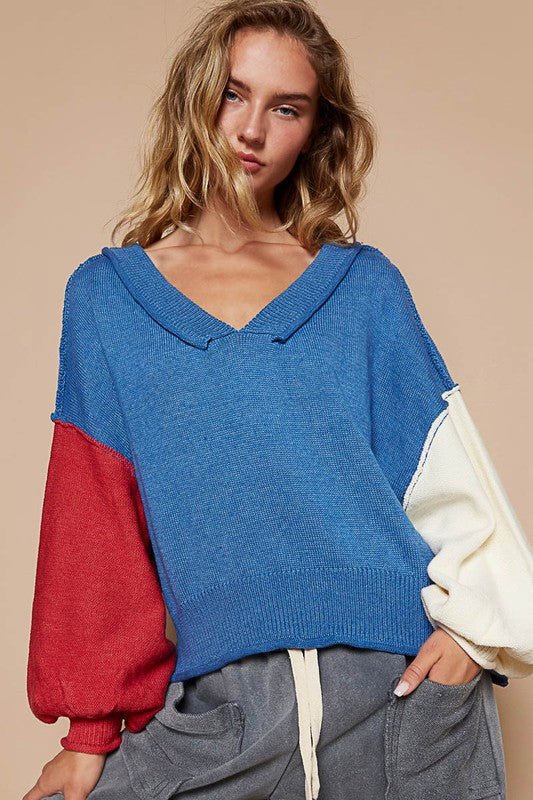 POL - Royal Blue Color Block V - Neck Sweater