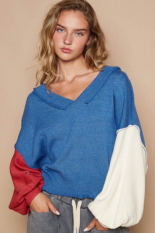 POL - Royal Blue Color Block V - Neck Sweater