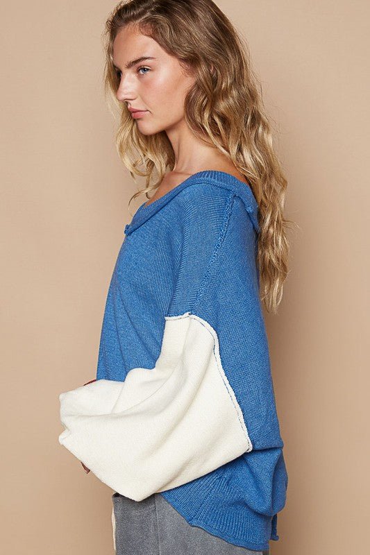 POL - Royal Blue Color Block V - Neck Sweater