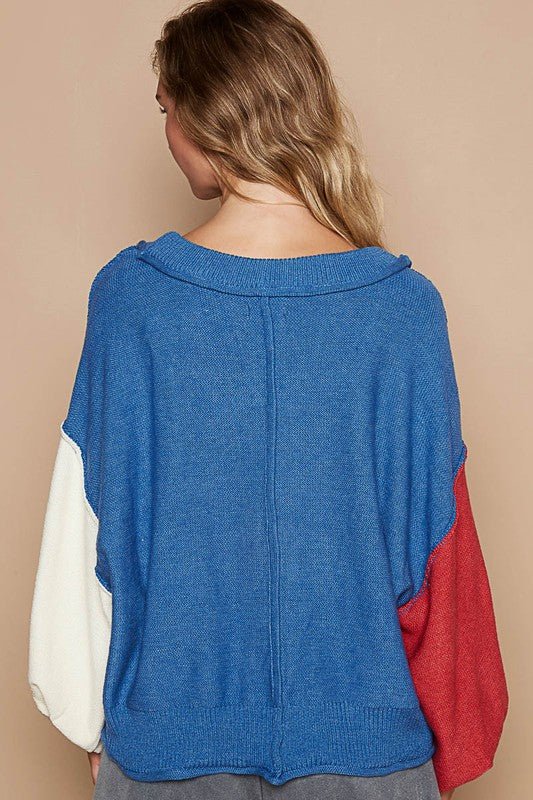 POL - Royal Blue Color Block V - Neck Sweater