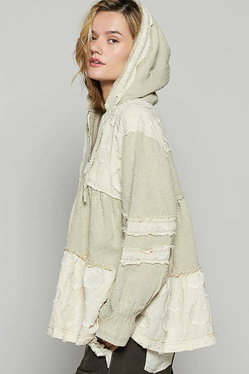 POL - Sage & Ivory Patchwork Hooded Zip Jacket