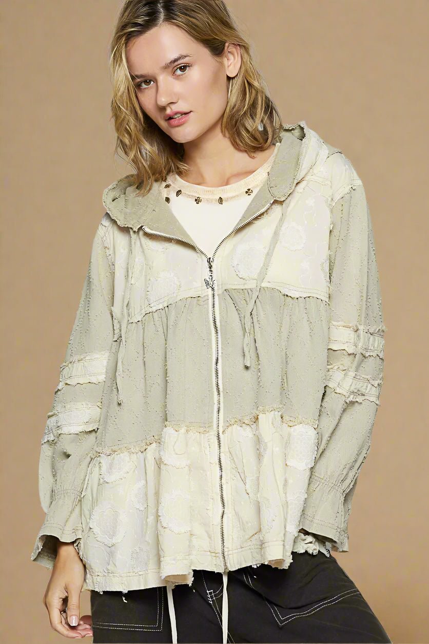 POL - Sage & Ivory Patchwork Hooded Zip Jacket