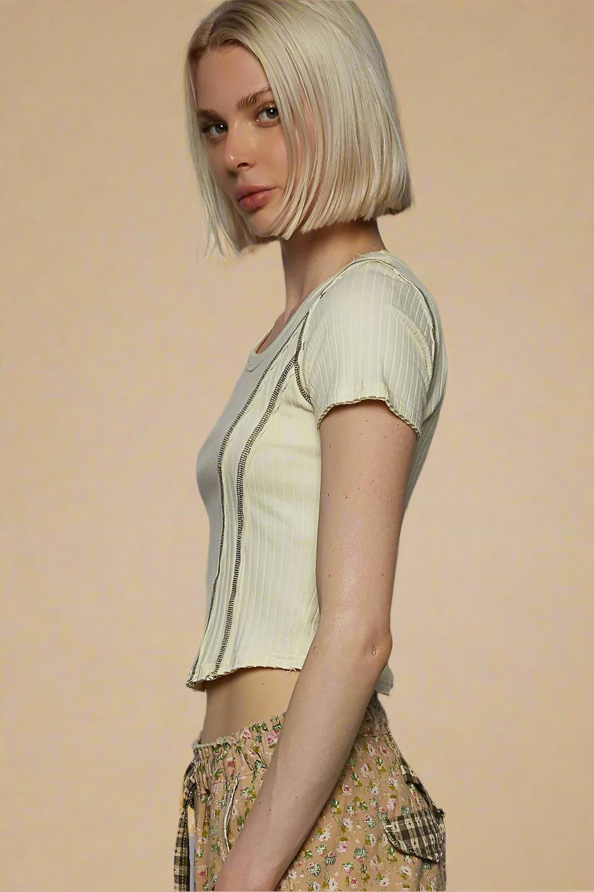 POL - Sage Ribbed Contrast Stitch Crop Top