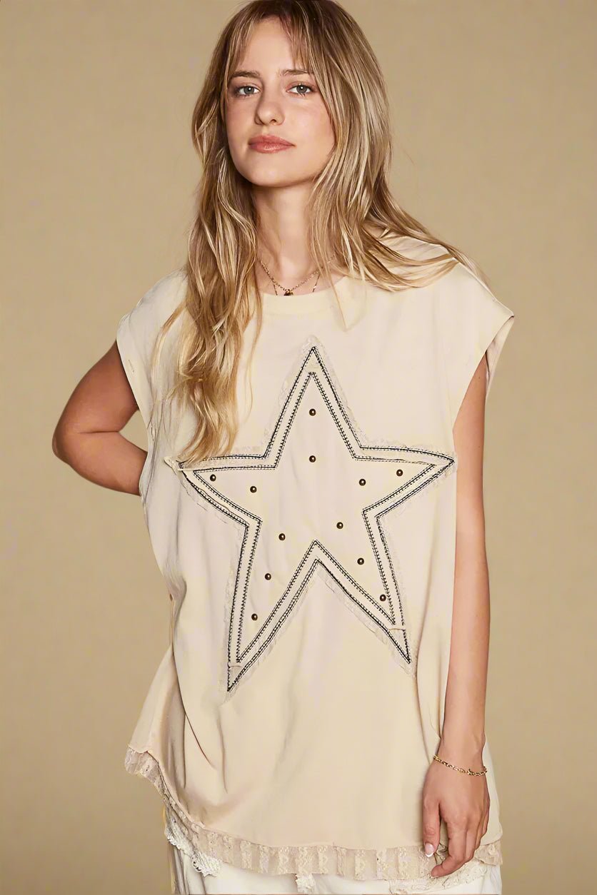 POL - Soft Beige Star Studded Sleeveless Top