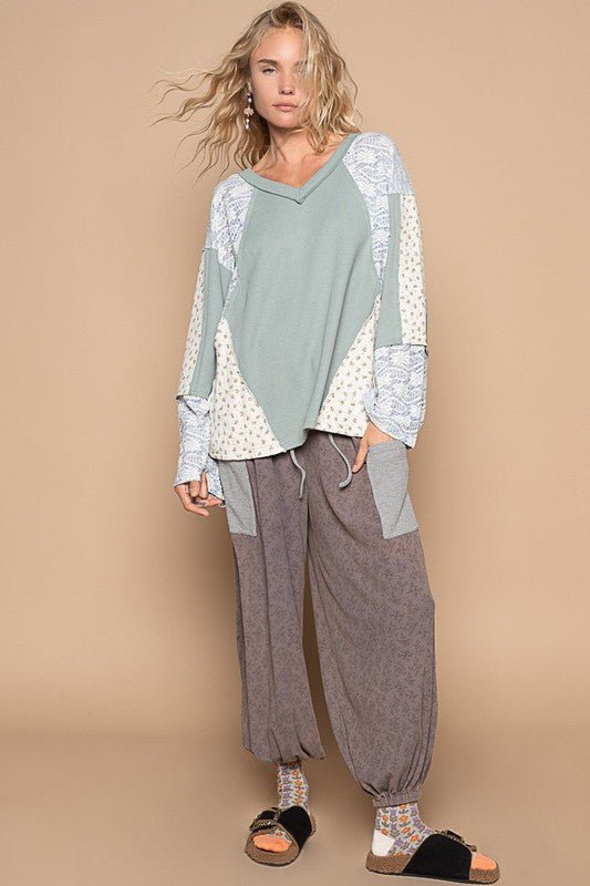 POL - Soft Blue Lace & Floral Long Sleeve Knit Top