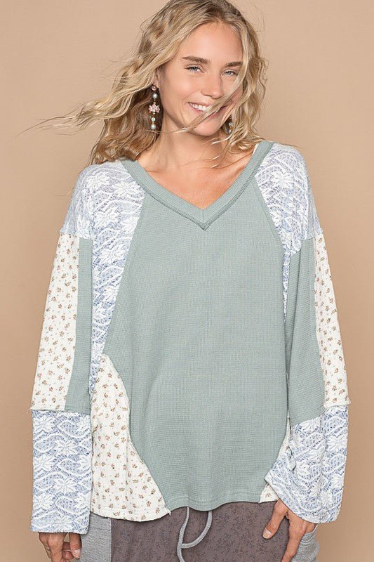 POL - Soft Blue Lace & Floral Long Sleeve Knit Top