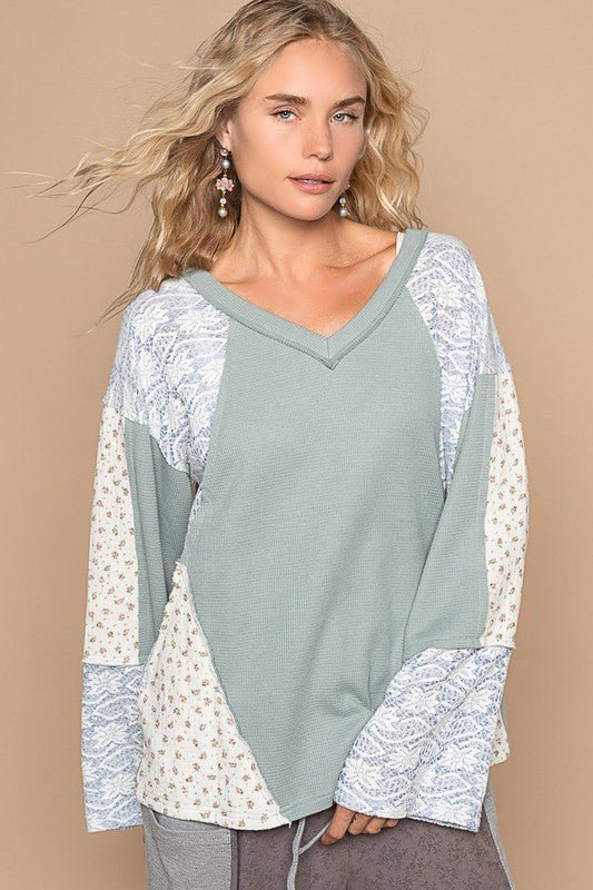 POL - Soft Blue Lace & Floral Long Sleeve Knit Top