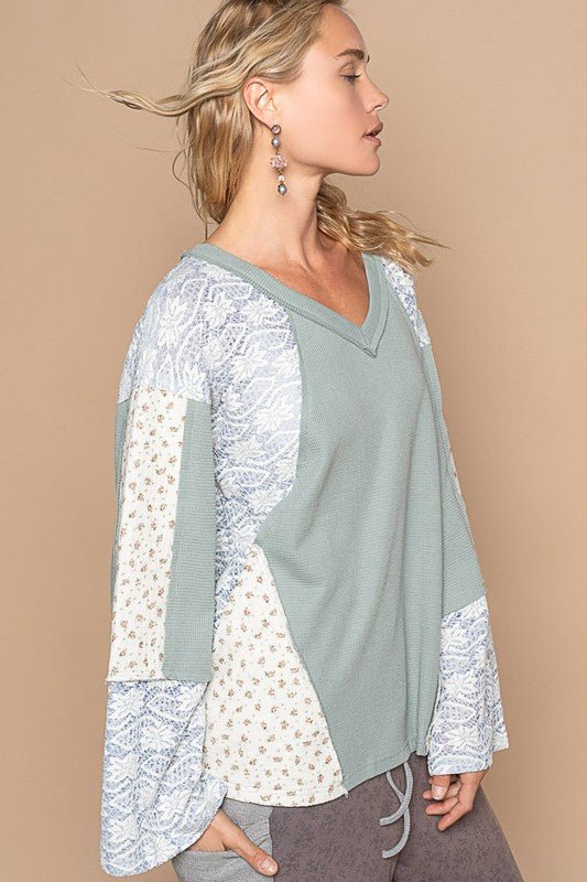 POL - Soft Blue Lace & Floral Long Sleeve Knit Top