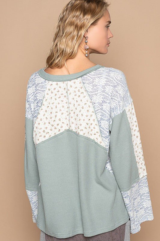 POL - Soft Blue Lace & Floral Long Sleeve Knit Top