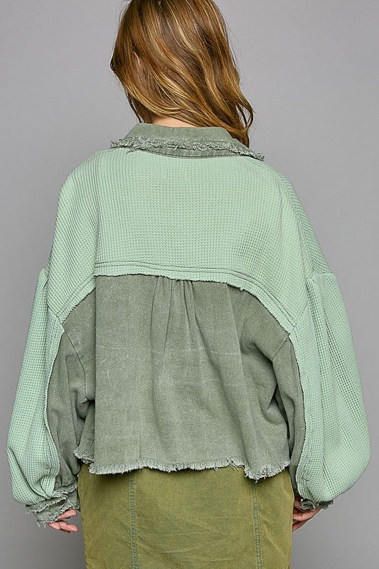 POL - Soft Green Waffle Knit Button Up Jacket