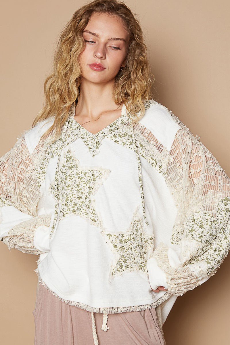 POL - Star Patch Lace Sleeve Hooded Top in Ivory