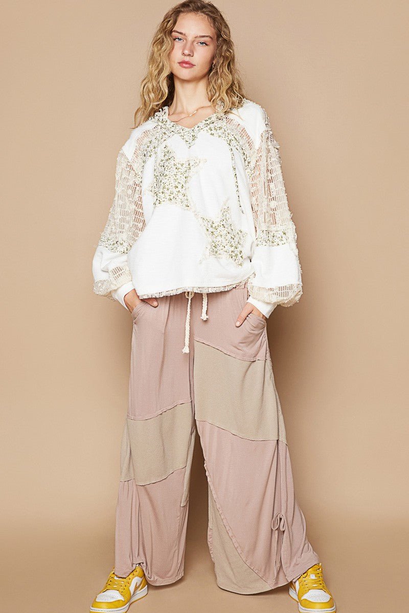 POL - Star Patch Lace Sleeve Hooded Top in Ivory