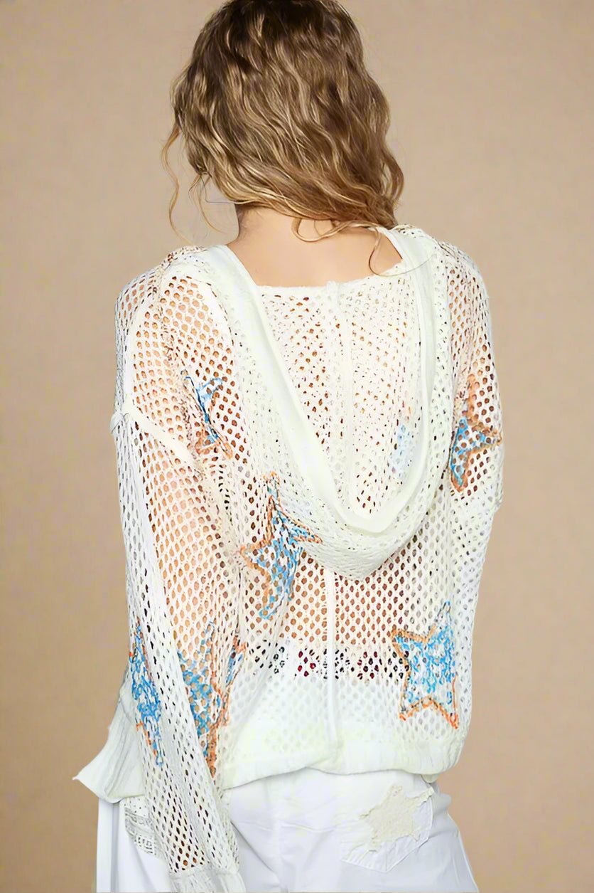POL - Star Patch Mesh Hoodie Sweater – White