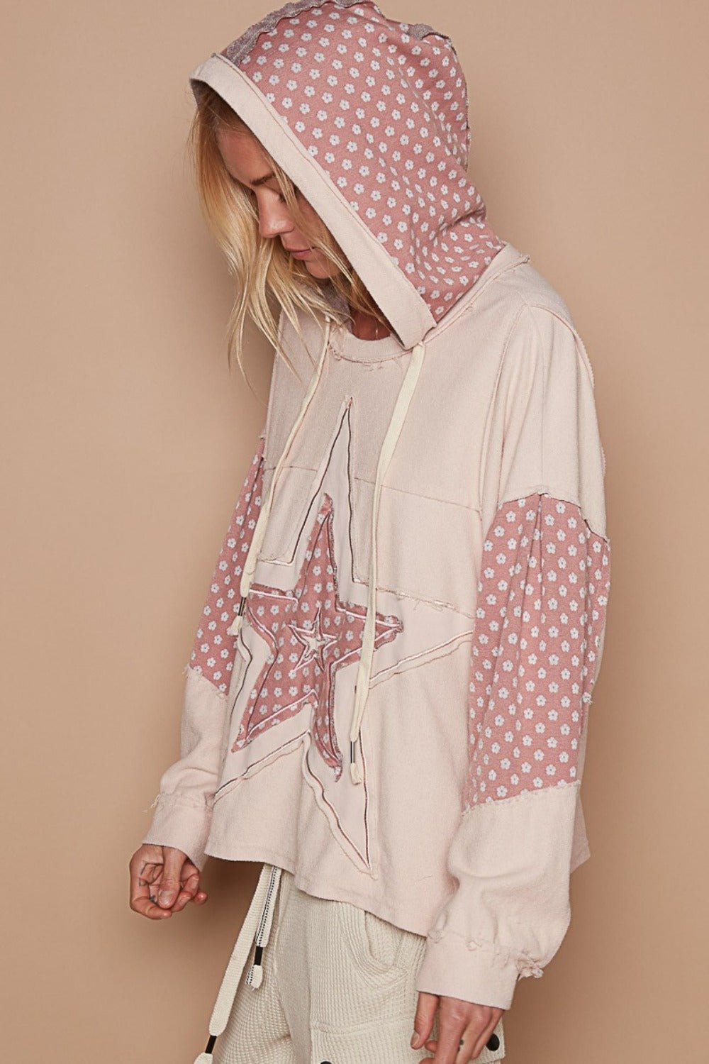 POL - Star Patchwork French Terry Hoodie in Dusty Rose