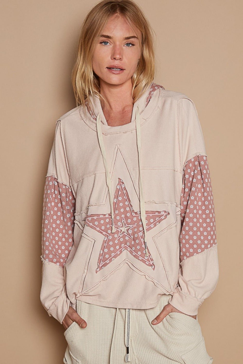 POL - Star Patchwork French Terry Hoodie in Dusty Rose