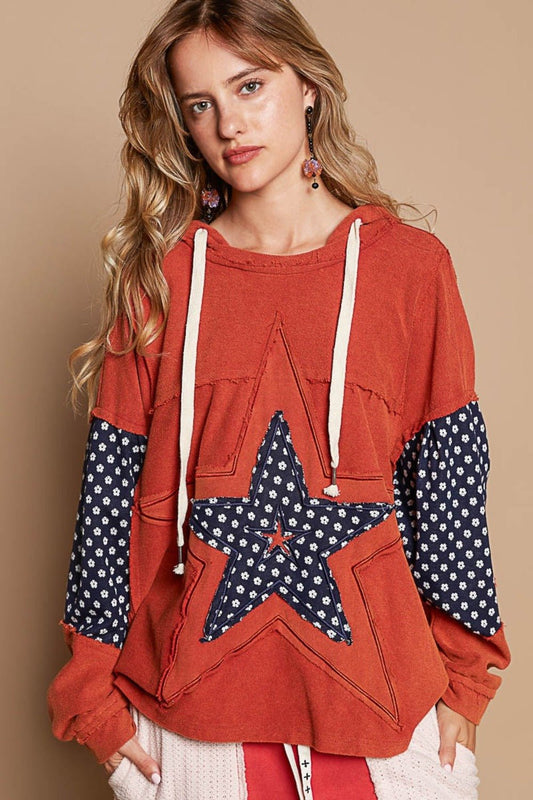 POL - Star Patchwork French Terry Hoodie in Orange Brick