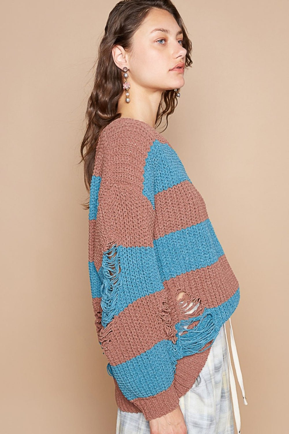 POL - Striped Distressed Long Sleeve Sweater in Choco Teal