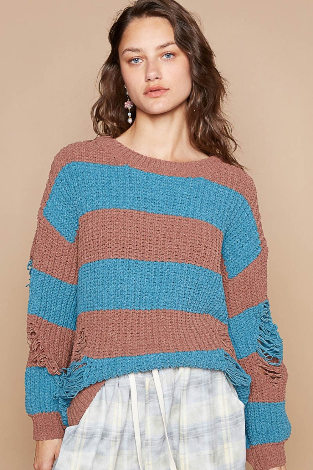 POL - Striped Distressed Long Sleeve Sweater in Choco Teal