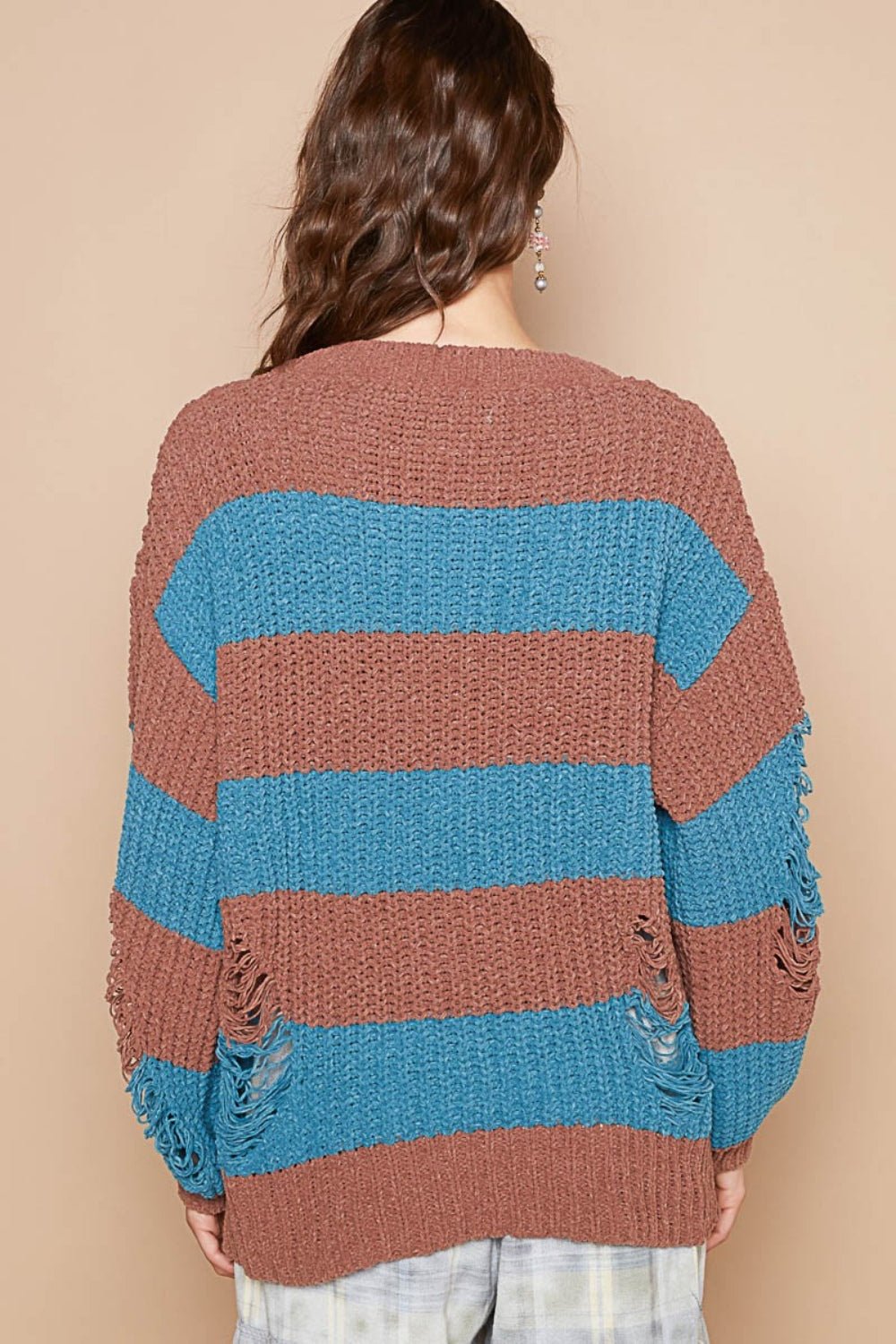 POL - Striped Distressed Long Sleeve Sweater in Choco Teal