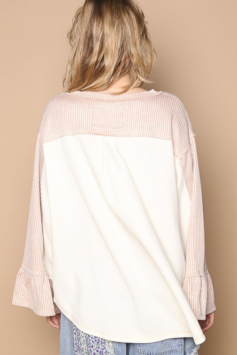 POL - Striped Flounce Sleeve Exposed Seam Top in Cream Pink