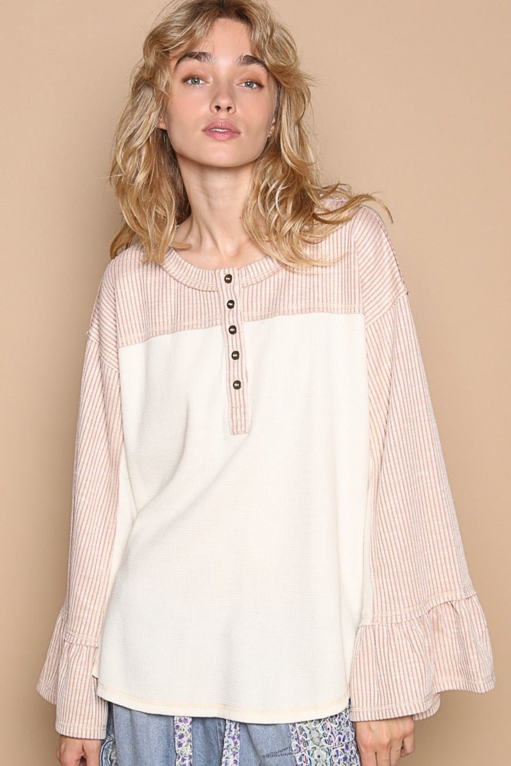 POL - Striped Flounce Sleeve Exposed Seam Top in Cream Pink